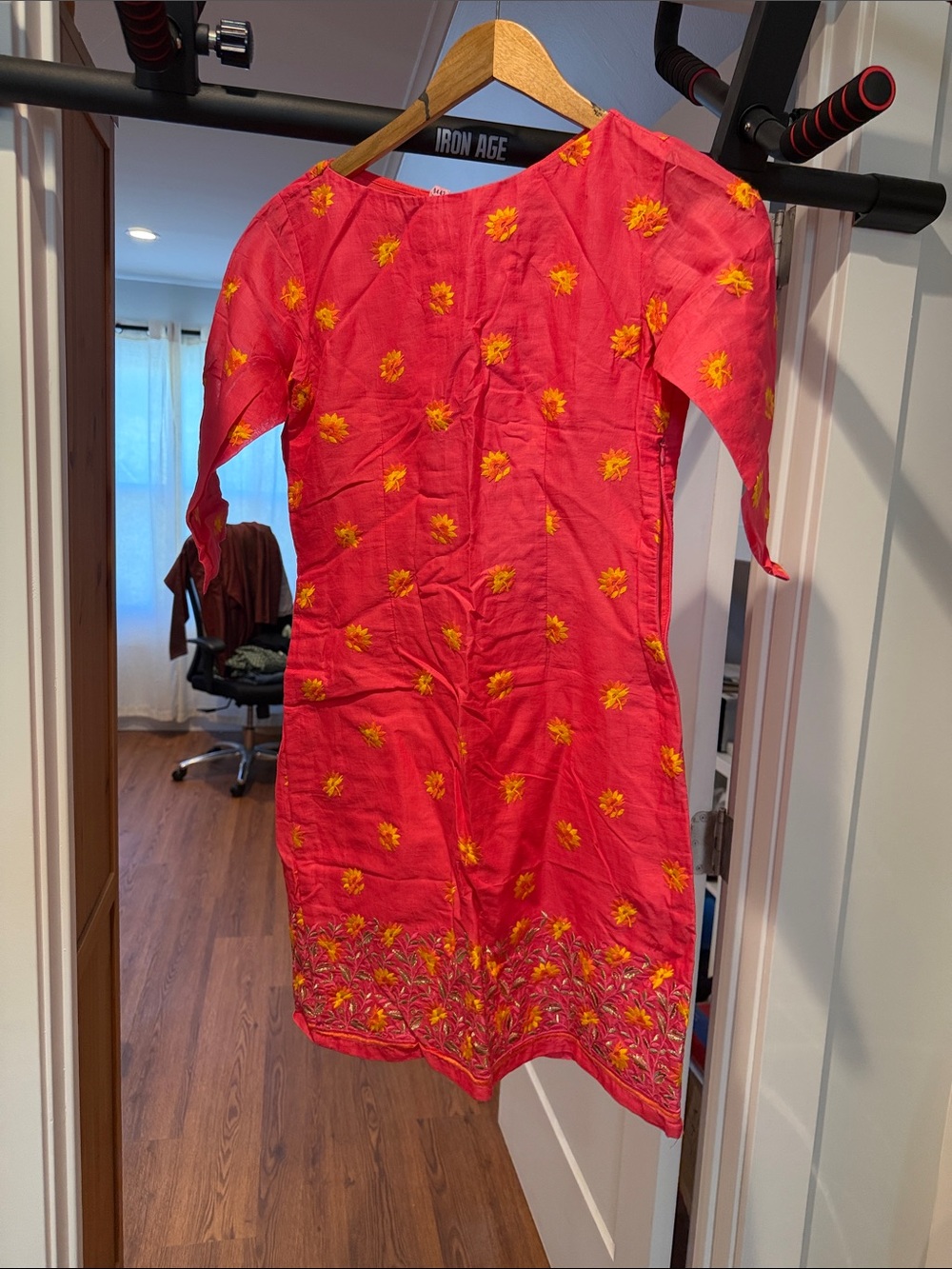 Girls Bright Pink Embroidered Dress with Yellow Floral Accents
